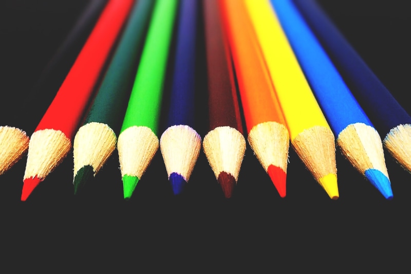 red, equipment, large group of objects, high angle view, pencil, color, blue, side by side, art and craft, no people, colored, yellow, still life, color Image