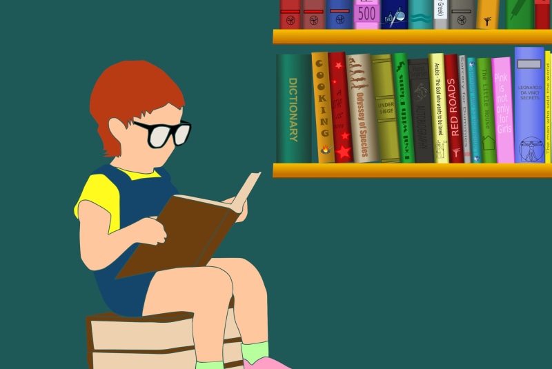 eyeglasses, sitting, studying, wisdom, concepts, cartoon, communication, adolescence, 2K, happiness, education, school, holding, cute, people, child, bookshelf