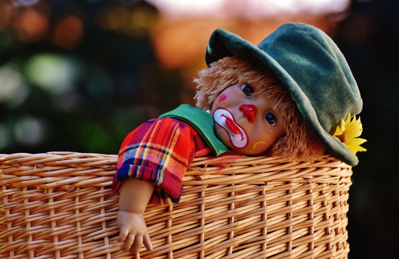 children, toys, wicker, container, one person, basket, small, emotion, offspring, clothing, males, representation, cute, innocence, men, doll, childhood