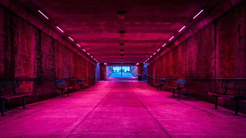 the way forward, indoors, pink color, painted, 1080P, architecture, absence, alley, day, bench, empty, building, lighting equipment, illuminated, red