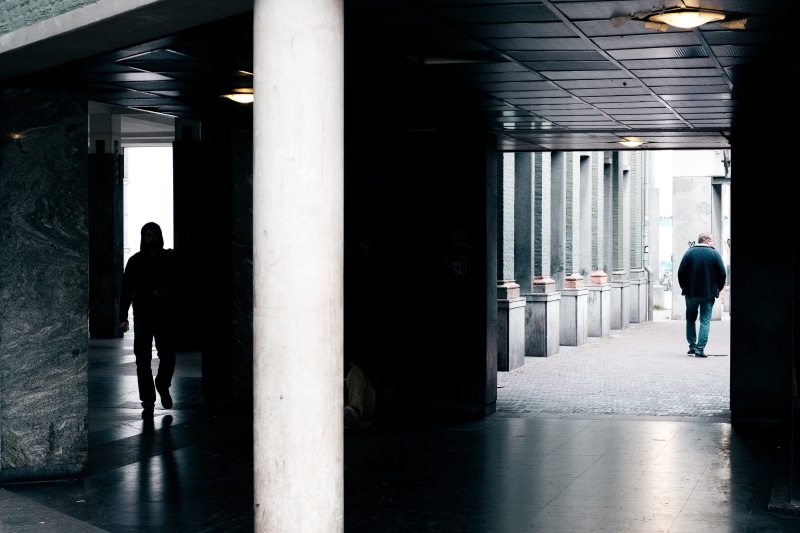 full length, dark, women, porch, men, adult, human, pedestrian, day, city, column, perspective, building, real people, architectural column, 4K, walking