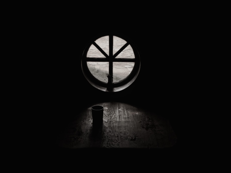 still life, indoors, building, rustic, glass, 4K, copy space, cup, day, window, antique, circle, geometric shape, low angle view, grayscale, black and white