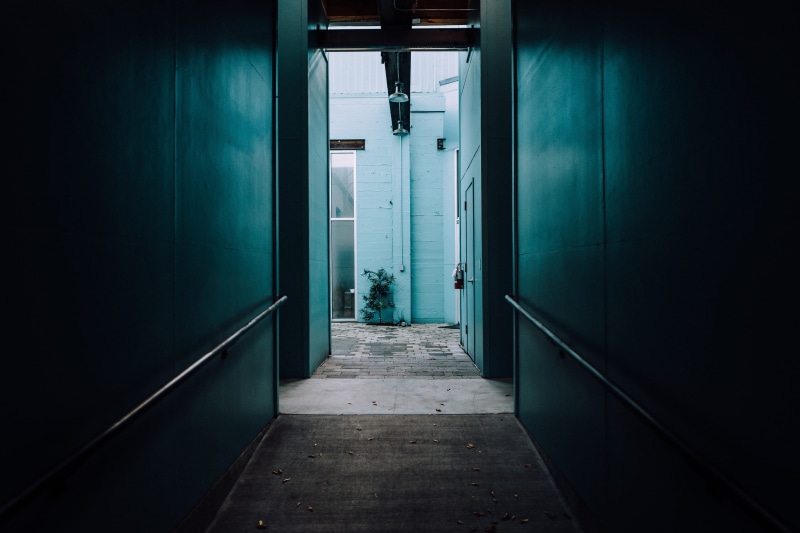 blue, architecture, day, hallway, the way forward, lighting equipment, painted, photo, industry, pacific, shade, handrail, indoors, hue, building, flooring