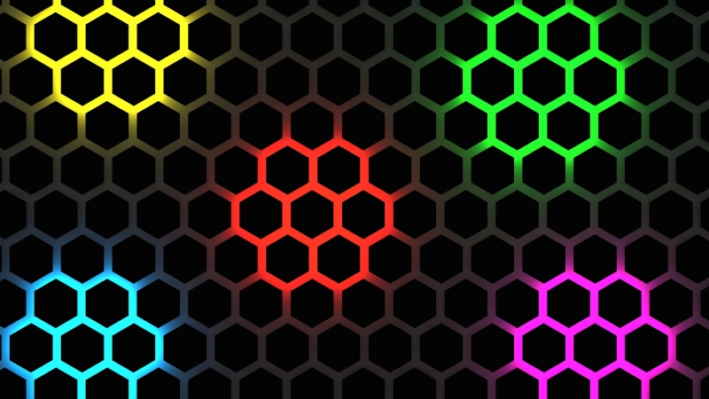 backlight, blue, abstract, pink, geometric shape, repetition, grid, 4K, technology, spotted, black color, textured effect, no people, green, design, hexagons