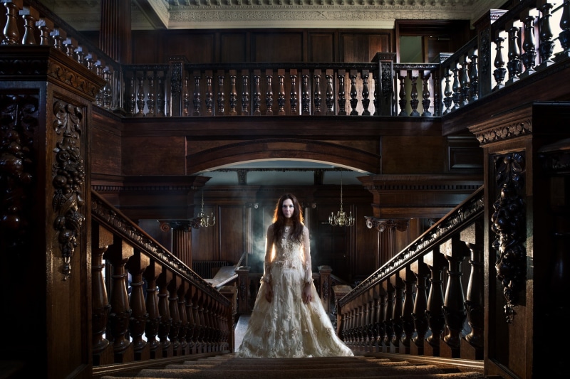 wedding dress, women, place of worship, indoors, religion, celebration, bride, event, staircase, newlywed, architectural column, building, standing, railing