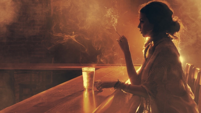 drink, cigarette, social issues, woman, glass, drinking, young adult, lit, photography, smoke, bar, one person, contemplation, side view, refreshment, 1080P
