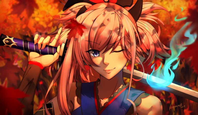 leaves, weapon, blue eyes, blushing, anime, pink hair, Miyamoto Musashi (fate/grand order), fan art, anime girls, drawing, bokeh, katana, illustration