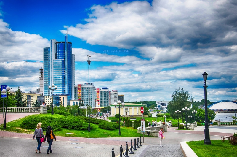 tree, tall - high, day, street, sky, urban Scene, tourist, urban Skyline, skyscraper, curtain, wall, Belarus, modern, women, plant, Minsk, cloud - Sky