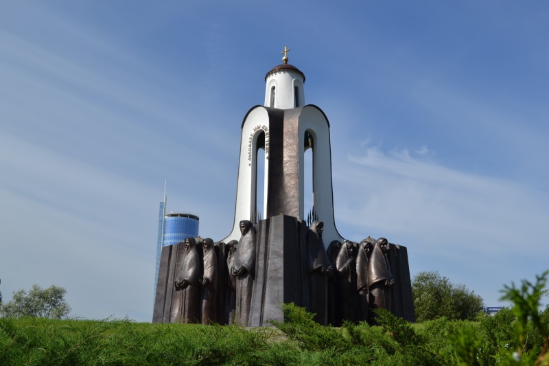 history, nature, minsk, belarus, low angle view, 2K, outdoors, building exterior, blue, sky, no people, industry, day, grass, built structure, silo, building