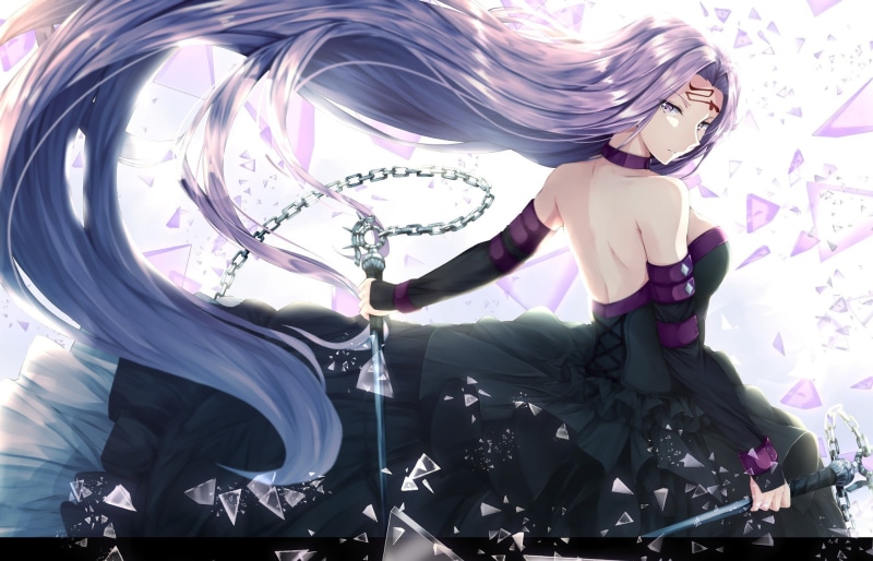 Rider (Fate/Stay Night), tattoo, long hair, anime, violet hair, Fate/Stay Night, white background, anime girls, black dress, 1080P, weapon