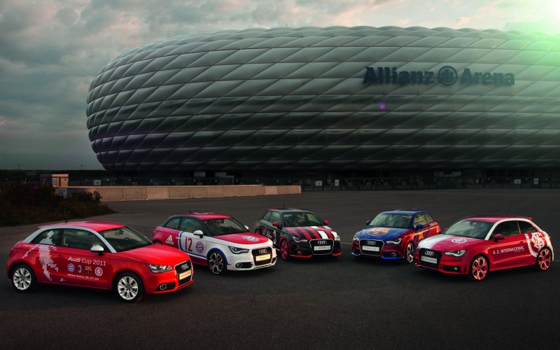 day, Audi A1, street, land vehicle, mode of transportation, city, western script, nature, road, 2K, Allianz Arena , transportation, communication, black