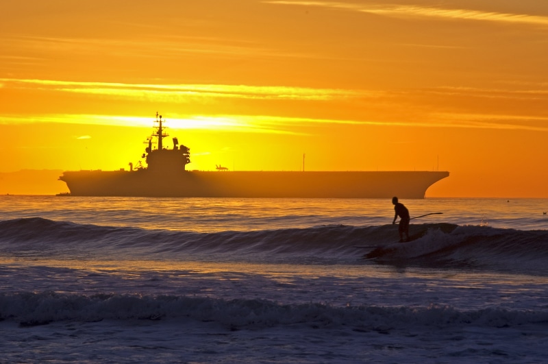 person, surfing, Nikon D100, board, beach, California, USS. Ronald Reagan, Silhouette, Dusk, Nautical, body, Military, Waves, ship, Nikon  D100, Background