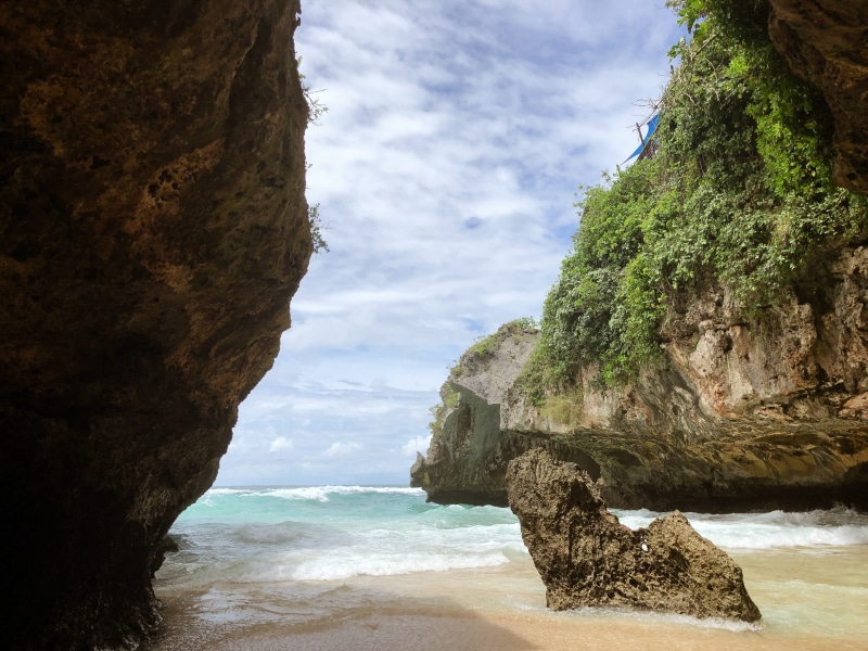 tranquility, unnamed road, destination, outdoors, tourism, waves, ocean, nature, solid, rock - object, water, bay, indonesia, land, 4K, sea, rock formation