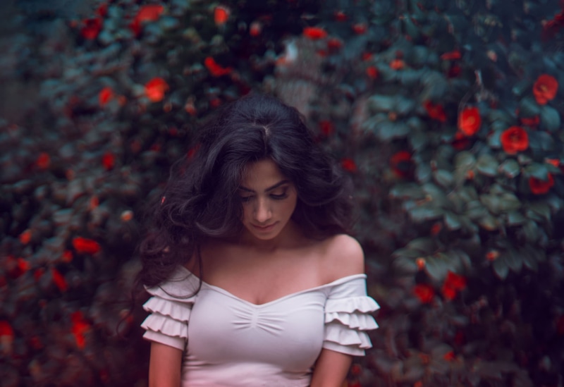 contemplation, brunette, autumn, hair, women, white dress, women outdoors, leaf, standing, plant part, plant, day, outdoors, adult, bare shoulders, portrait