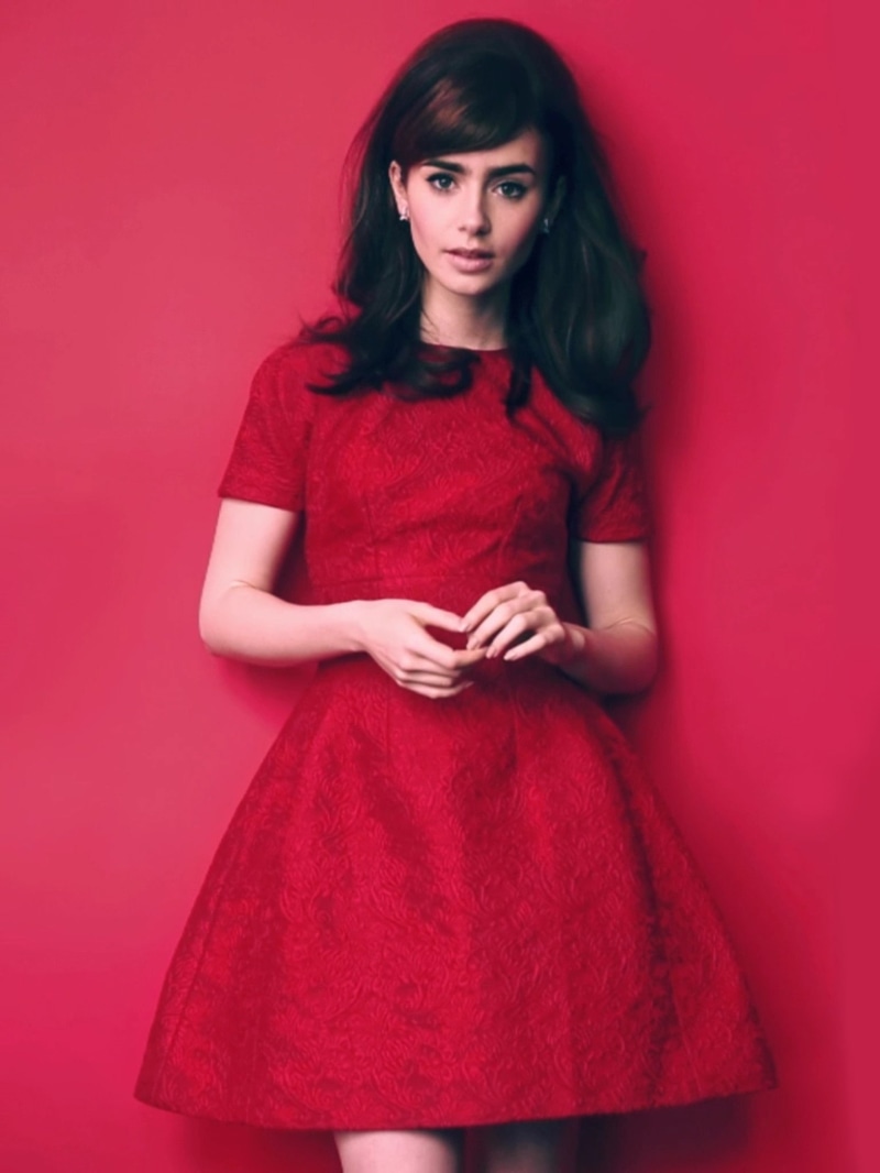 studio shot, actress, upscaled, human face, fashion, red dress, hair, 1080P, adult, brunette, indoors, clothing, beauty, Lily Collins, hairstyle, front view