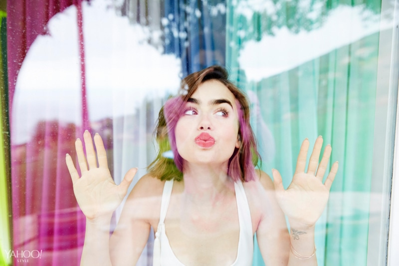 hairstyle, one person, hand raised, humor, portrait, human body part, women, Lily Collins, beautiful woman, adult, front view, window, 5K, kissing, actress
