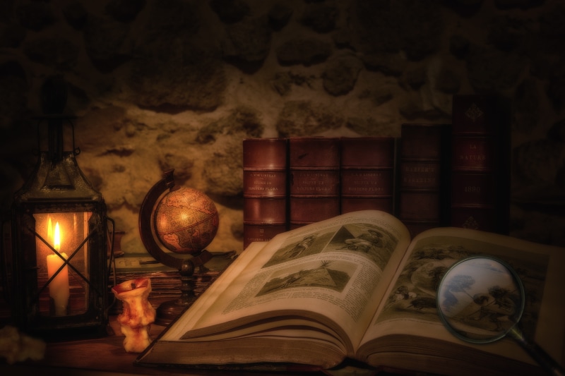 history, beside, religion, desk, indoors, literature, shelf, illuminated, publication, read, education, belief, table, book, 5K, old, dark, electric lamp