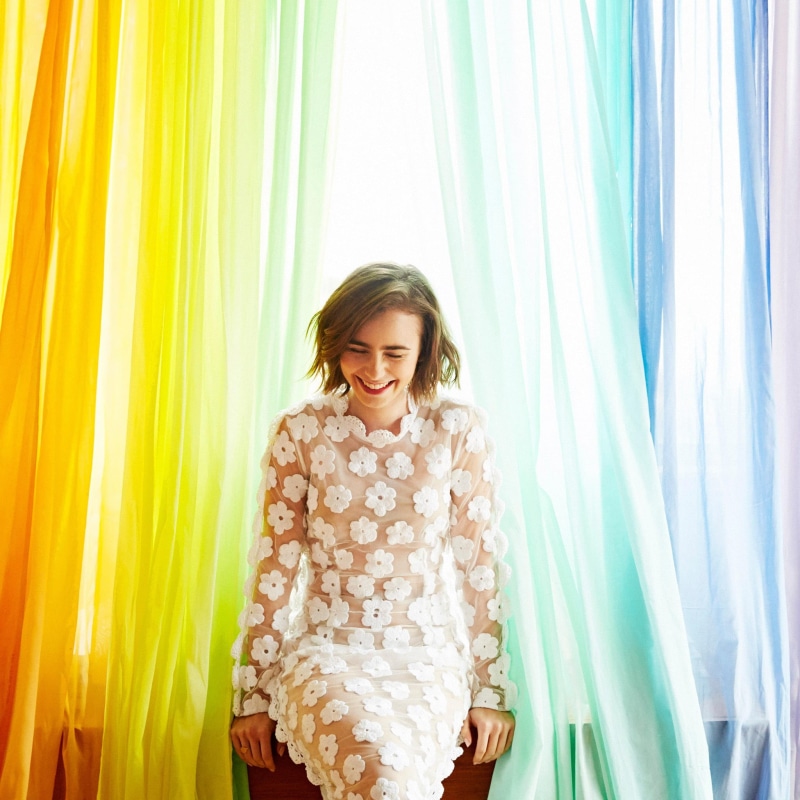 waist up, front view, happiness, three quarter length, curtain, brunette, young women, brown hair, women, smiling, one person, portrait, Lily Collins, clothing