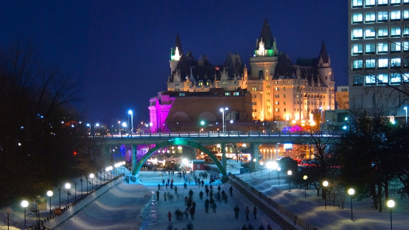 night, Ottawa, Canada, winter, the Rideau canal, bridge, lights, 1080P, Winterlude