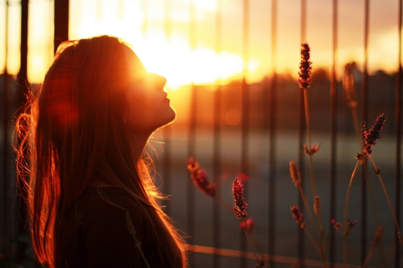 adult, beautiful woman, flowers, backlighting, hairstyle, portrait, women, sunset, real people, one person, silhouette, sunrise, nature, long hair, sunlight