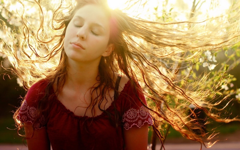 backlighting, 1080P, brunette, red dress, women, red tops, closed eyes