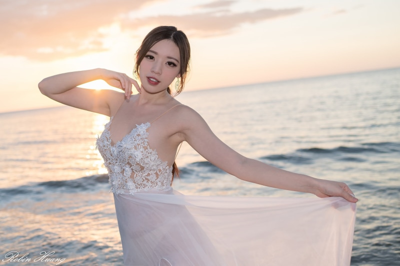 women, long hair, cleavage, portrait, Kiki Hsieh, sky, dress, backlighting, outdoors, brunette, white dress, model, 1080P, sunset, sea