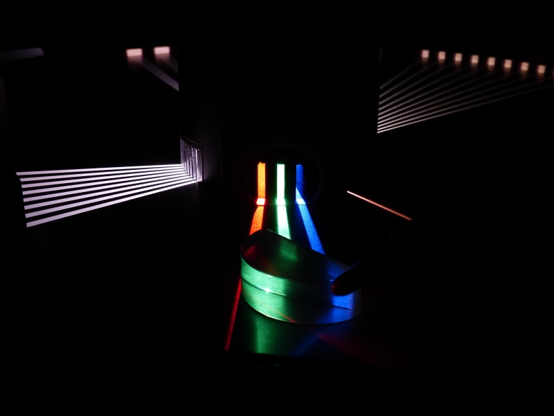 light beam, prism, experimental physics, multi colored, 4K, close-up, color, wall - building feature, lights, pattern, optics, experiment, still life