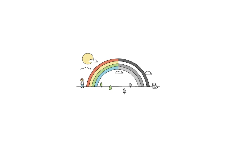 selective coloring, no people, indoors, shape, creativity, built structure, communication, white background, illustration, sky, rainbows, Sun, clear sky