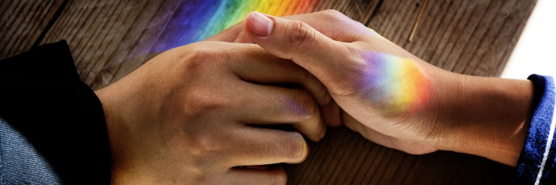 rainbow, human limb, leisure activity, men, romance, multi colored, female, human body part, couple, human hand, togetherness, man, reflection, bond, prism