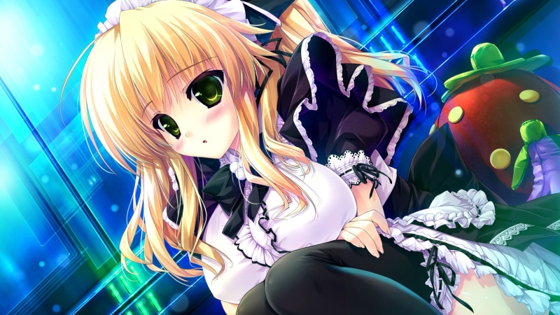 2K, game, hinano, thighhighs, waitress, clochette, blonde, uisaki, prism, shintaro, blush, hair, recollection
