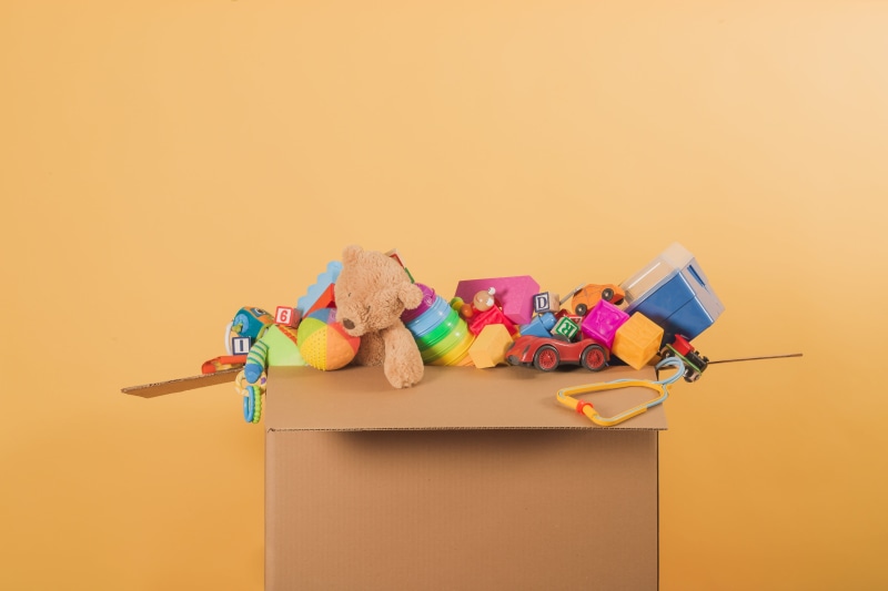 multi colored, copy space, still life, large group of objects, cardboard box, childrens, stuffed toy, box - container, toy, studio shot, Box, photo, no people