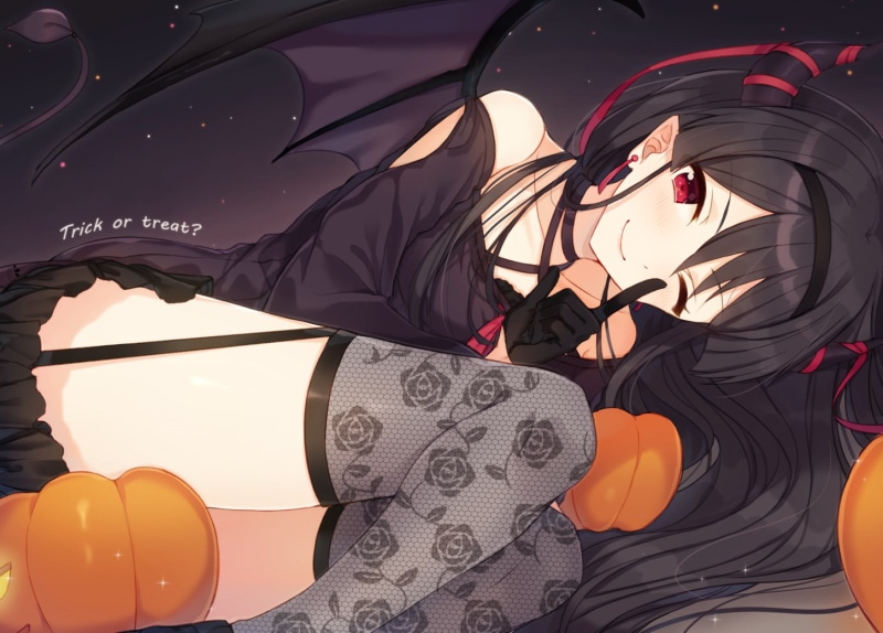 red eyes, 720P, garter belt, tail, wings, black hair, horns, pumpkin, demon, ribbon, long hair, thigh-highs, stockings, wink, Halloween