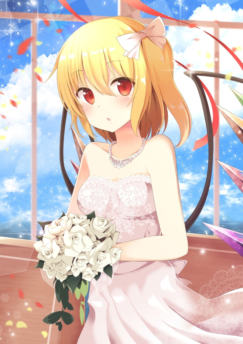 1080P, one person, clothing, emotion, Flandre Scarlet, flowers, child, women, girls, Touhou, fashion, lifestyles, happiness, real people, cute, illustration