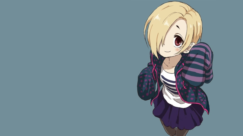 lifestyles, blue background, striped, portrait, obscured face, red eyes, yellow, skirt, standing, female, cut out, short hair, men, one person, indoors
