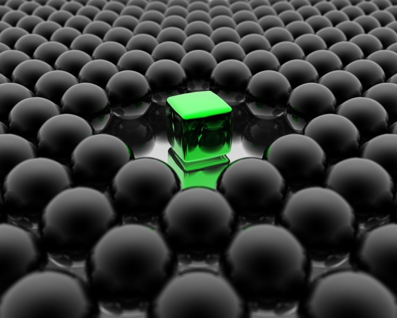 digital art, studio shot, indoors, standing out from the crowd, green color, close-up, selective focus, gray, CGI, full frame, single object, 720P, large group of objects