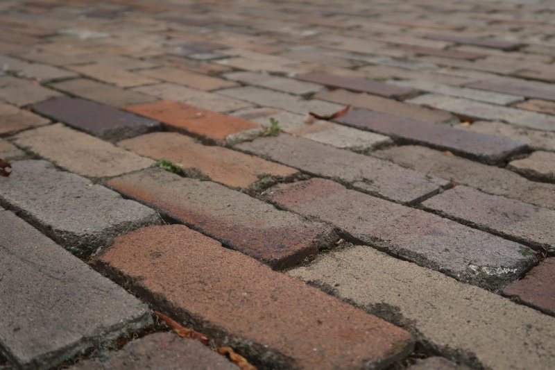 outdoors, repetition, cobblestone, surface level, street, footpath, day, city, backgrounds, paving stone, stone, selective focus, textured, flooring, close-up