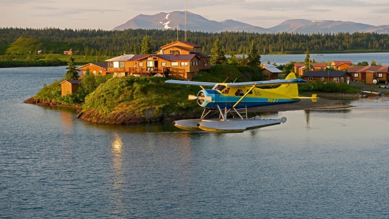 lake, snow, plane, Alaska, house, DeHavilland DHC-2 Beaver, building, landscape, tree, waterfront, USA, propeller, outdoors, star engine, nature, building exterior