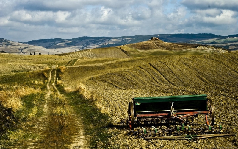 harvester, rural, road, scene, nature and landscapes, 1080P, tuscany, fields, clouds