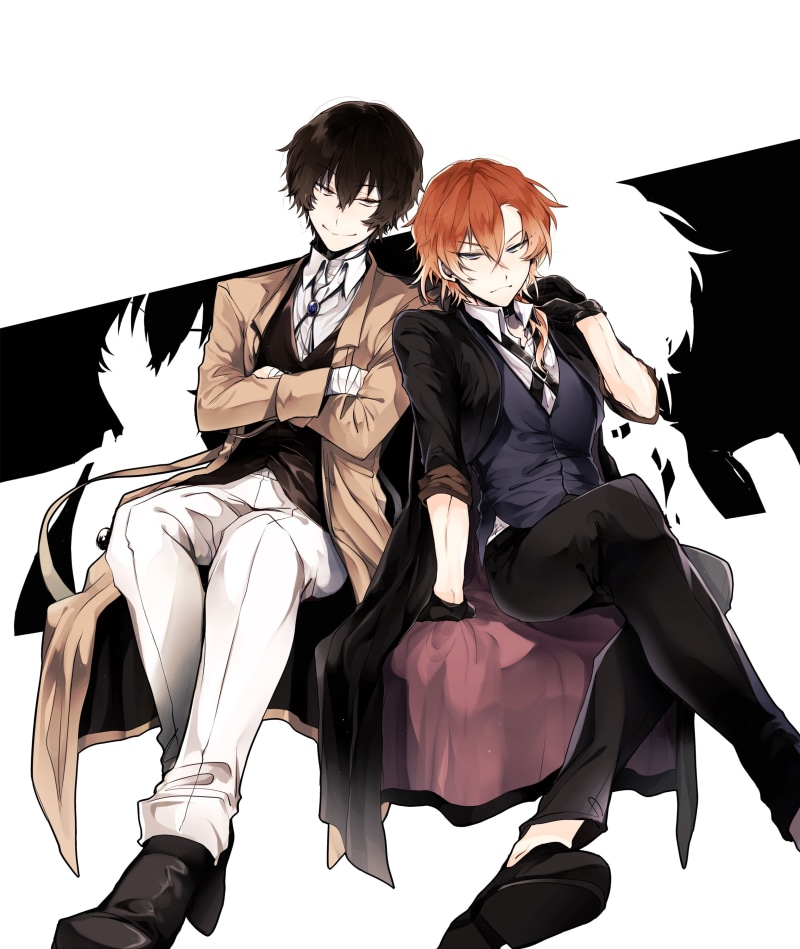 front view, females, dazai osamu, clothing, people, leisure activity, hairstyle, adult, white background, full length, lifestyles, indoors, costume, Anime