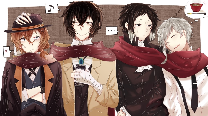 people, bungou stray dogs, group of people, mask, creativity, representation, male likeness, nakajima atsushi, 2K, art and craft, dazai osamu, store, standing