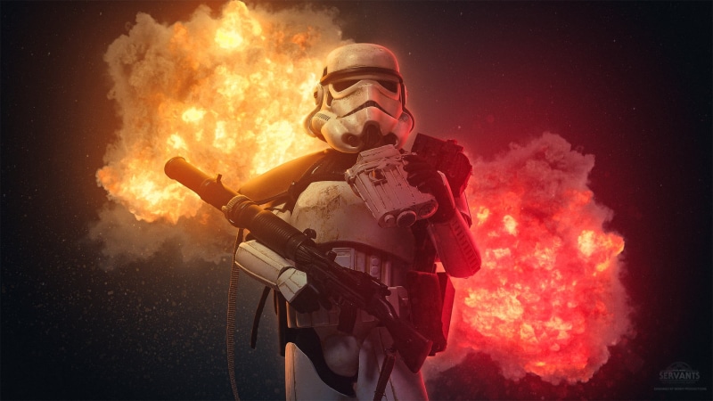 Imperial Stormtrooper, blaster, explosion, Star Wars, men, helmet, black background, Benjamin van Valen, 1080P, Photoshop, armor
