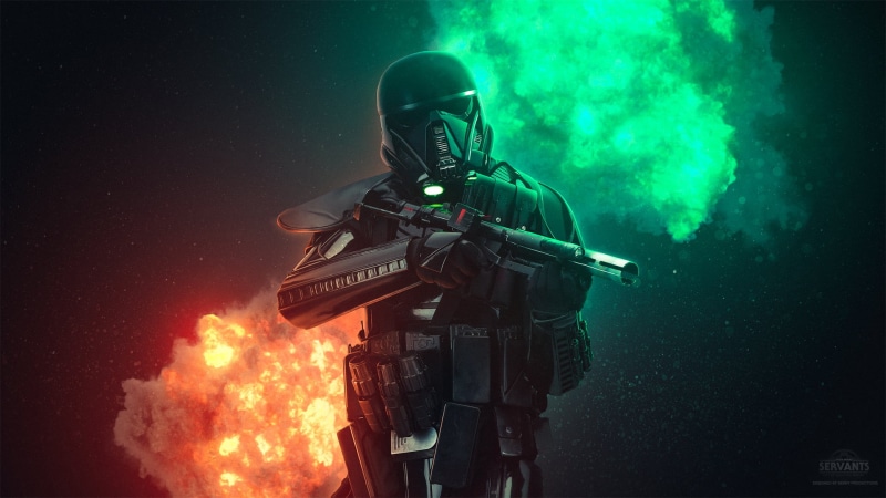 blaster, helmet, men, 1080P, armor, black background, Star Wars, Photoshop, Benjamin van Valen, Imperial Stormtrooper, explosion