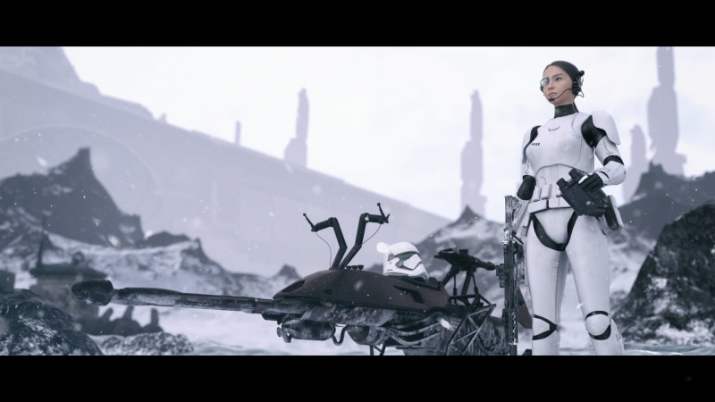 Star Wars, ice, 1080P, render, ArtStation, standing, stormtrooper, girls with guns, women, Imperial Forces, CGI, helmet, science fiction, speeder bike