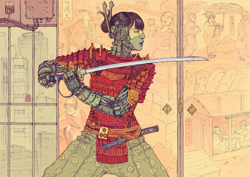 people, map, creativity, Asian, samurai, 720P, fan art, futuristic, human representation, design, exploration, cyberpunk, Josan Gonzalez, indoors, air vehicle