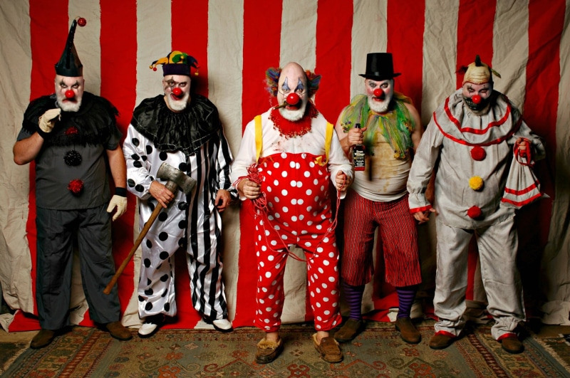 mask, group, people, clowns, adult, side by side, costume, full length, performance, red, portrait, clothing, standing, men, old people, celebration, disguise
