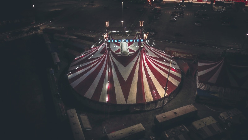no people, arts culture and entertainment, 4K, high angle view, carnival, indoors, night, red, illuminated, hanging, built structure, nature, tent, circus