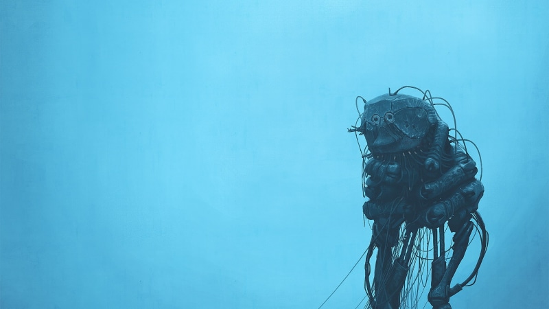 1080P, simple, apocalyptic, clear sky, science fiction, digital painting, simple background, blue background, robot, cyberpunk, Simon Stålenhag, Robots