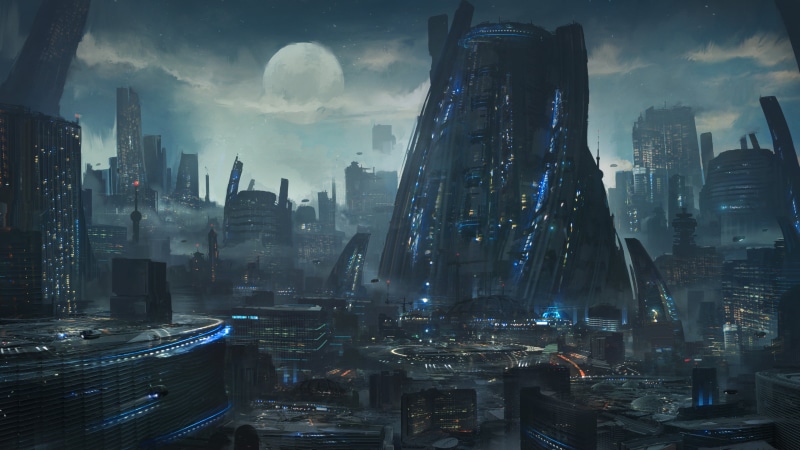 portrait, Leon Tukker, futuristic, futuristic city, Moon, digital art, artwork, 4K, ArtStation