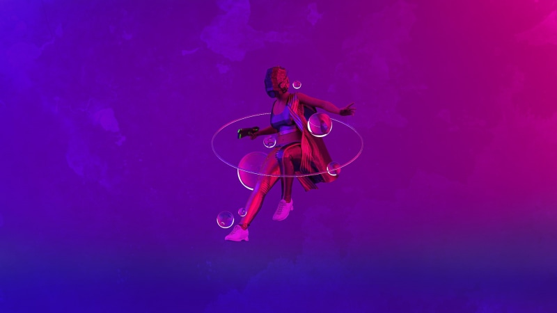 weapon, 3D Abstract, cyberpunk, Girl With Weapon, Retrowave, bubbles, helmet, science fiction, jumping, women, synthwave, futuristic, violet, 1080P, pistol