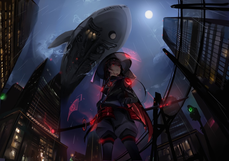 neon glow, katana, dark hair, dark background, city, anime girls, 8K, futuristic city, solo, sword, Moon, weapon, Zeppelin, whale, cyberpunk